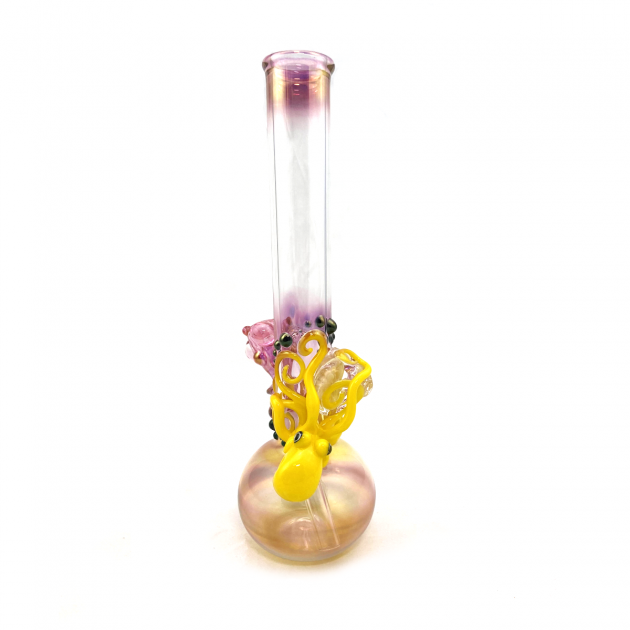 Canary Yellow Octopus Abstract Implosion Shell Tahoe Teal Accents w. 22K Gold and Lite Silver Fumed Ball / Gold Down Stem