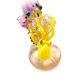 Canary Yellow Octopus Abstract Implosion Shell Tahoe Teal Accents w. 22K Gold and Lite Silver Fumed Ball / Gold Down Stem