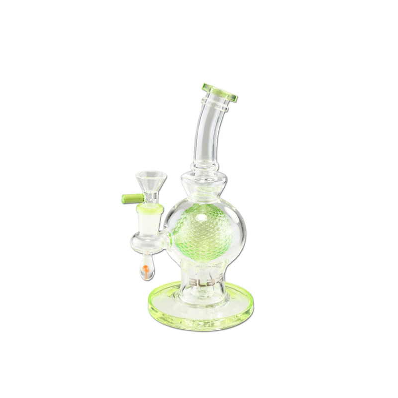Grüne Bong aus Glas mit Glaskugel innen und Deko-Pilz von BLAZE GLASS Seitenansicht
