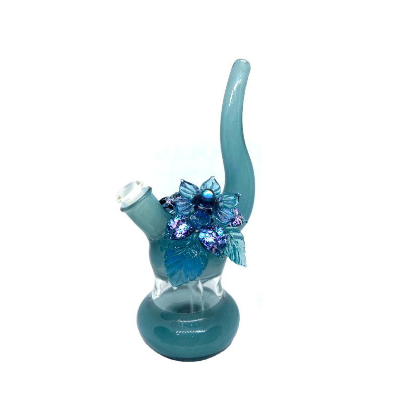 Mundgeblasene Glas Bong Blaue Blume mit Opal Stein Seitenansicht